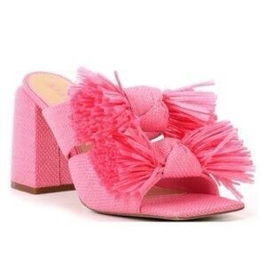 Gianni Bini Sandals Women Pink Raffia Fringe Block Heel Slide Size 9.5